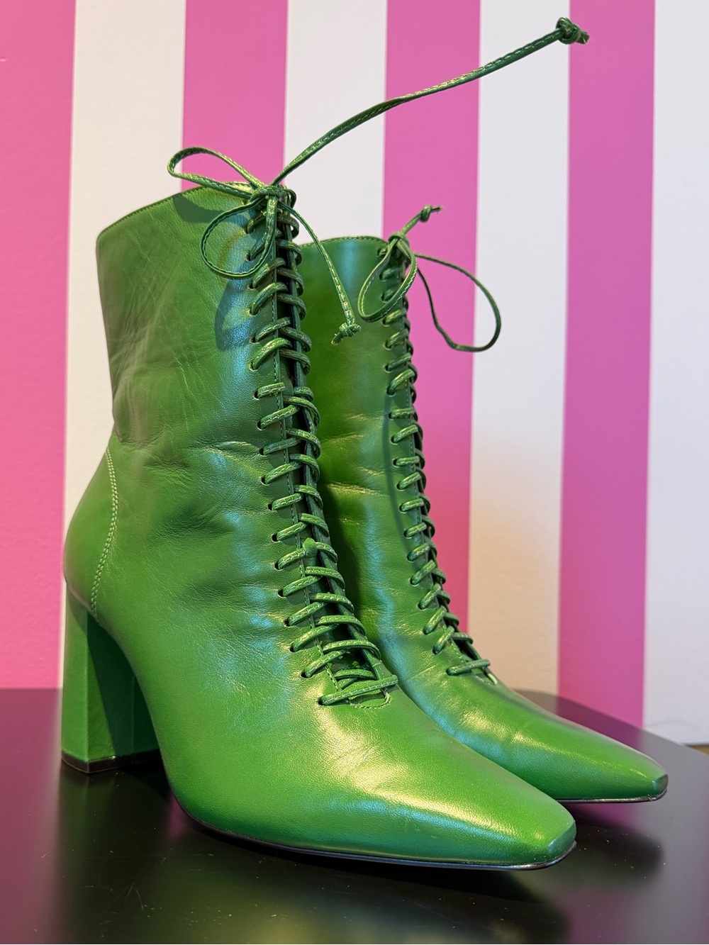Green Leather Heeled Lace-Up Boots